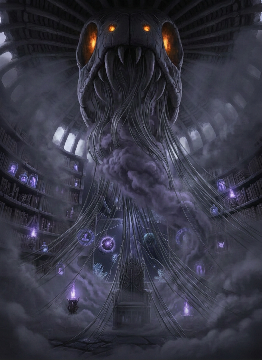An ancient arcane study carved deep into living rock, shelves of crumbling tomes and glowing artifact jars lining the walls. A massive serpent head — scales like obsidian, eyes like molten amber — looms from the shadows above. Wisps of thick gray smoke drift and curl through the room — rising from candles, seeping between the bookshelves, pooling along the floor, layering the atmosphere with haze. The smoke is dense in places, thin and ethereal in others, adding a moody, mysterious depth to the ancient space. Dark lantern light filters through the gray haze. Cinematic fantasy art style, brooding and atmospheric.