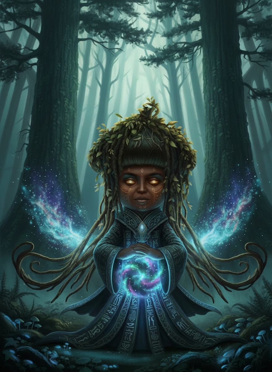 A mystic acorn healer figure with dark skin, leaf and vine hair, wearing a long draping robe with ancient Egyptian, Yoruba, and Yaqui symbols. She stands in a dramatic ancient pine forest with towering pine trees, misty atmospheric lighting, cosmic energy glowing in her hands (deep indigos and teals), golden firelight accents, dark fantasy mood, rich deep colors of teal, dark indigo, and forest green. Portrait orientation, cinematic and ethereal.