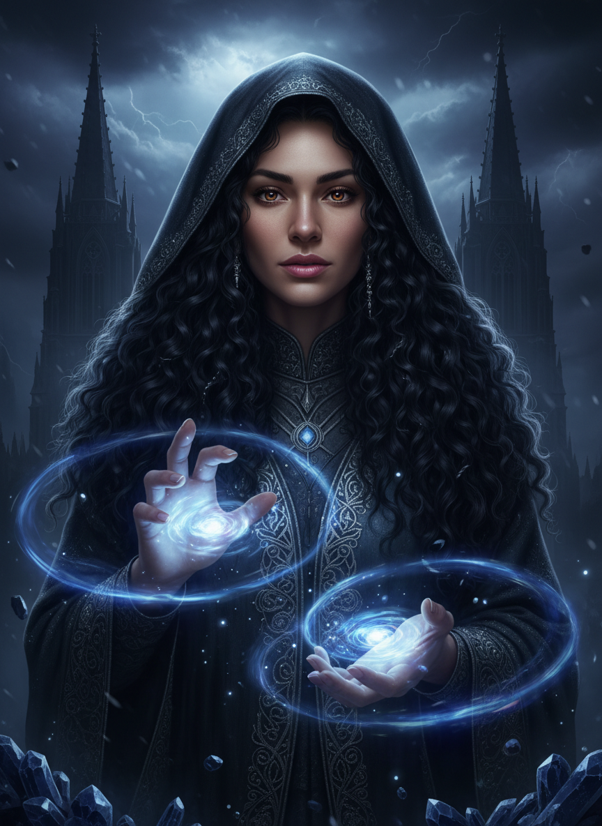 Nera — a strikingly beautiful dark fantasy sorceress. Cream-colored skin. Rich dark chocolate brown eyes — warm espresso brown irises, NOT gray or blue. Long voluminous coily curly black hair cascading down, a dark hood loosely framing her face. Small delicate pink lips. A broader, squarish nose — wide nostrils, a flat bridge, strong and proportional to her face, giving her a powerful indigenous-inspired look. Commanding yet serene expression. Ornate dark robe with mystical silver embroidery. Hands channeling swirling cosmic arcane energy — deep indigos, blues, and white light spiraling around her. Gothic cathedral silhouetted against a stormy night sky behind her. Dark blue crystals at her feet. Cinematic dark fantasy portrait, atmospheric and epic.