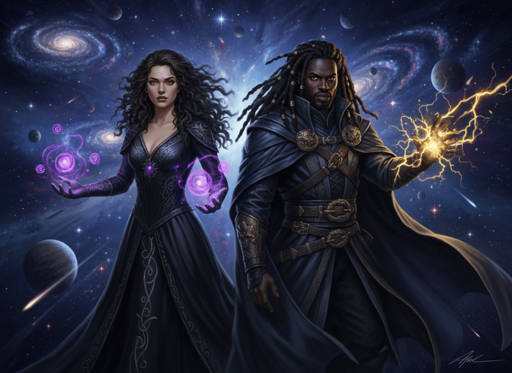 Two powerful sorcerers standing side by side in a dark fantasy cosmic setting. On the left is Nera: a woman with cream-colored skin, dark brown eyes, long voluminous curly black hair, smaller pink lips, and a broader squarish nose. She wears a long dark flowing gown with arcane details, swirling purple magical energy orbs surrounding her hands. On the right is Andre: a 35-year-old Black man, strong and commanding, with long thick dreadlocks, dark intense eyes, sharp defined features, wearing a long dark billowing cloak and layered robes with ornate buckles. He extends one hand forward, crackling golden arcane lightning erupting from his palm, expression fierce and fearless. The background is a deep dark indigo/navy cosmic space filled with galaxies, nebulae, star clusters, and celestial bodies. Epic, dark fantasy, cinematic. Digital painting style, highly detailed.